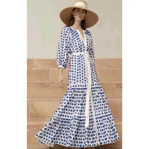 $875 AlexisWhite & Blue Dot Embroidered Gaiya Maxi DressSz XS Resort